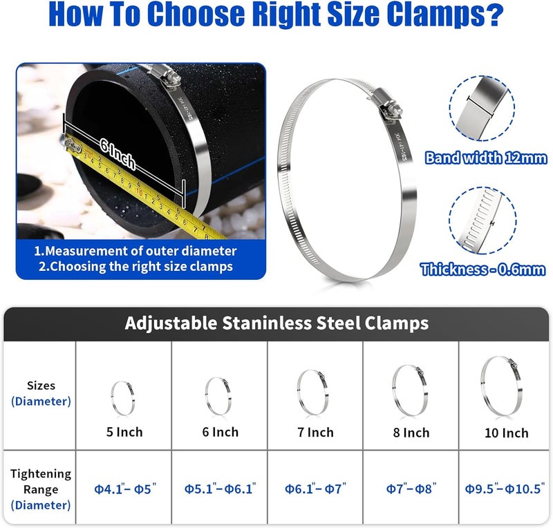 Gudui 10 Inch Hose Clamp, 10 Pcs Stainless Steel Duct Clamps 9.5 Inch to 10.5 Inch Large Adjustable Worm Gear Hose Pipe Clamps for Dryer Vent, Air Ducting, Plumbing - Image 2